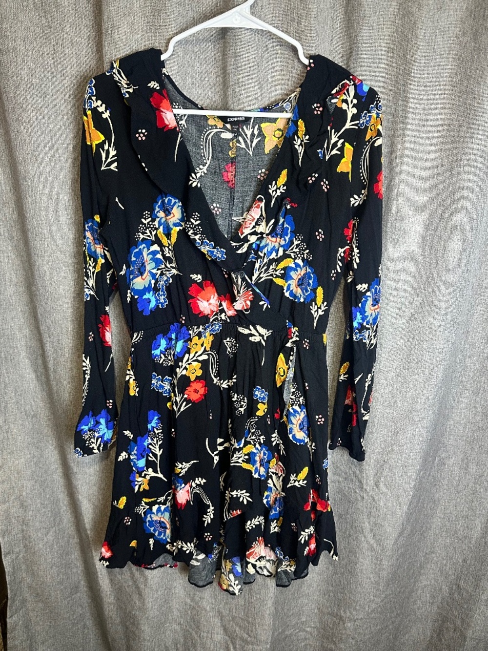 Express Black Floral Long Sleeve Faux Wrap Romper Size Medium